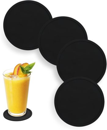 Anti-Slip Reusable Drink Coasters Set - Non Slip Silicone Coasters Protect Desk from Heat and Scratch Damage (4 Pack, Black)