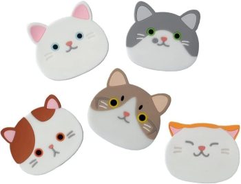Set of 6 Cute Cat Cup Coasters Mats Silicone Rubber Faces Insulated Flexible Durable Non Slip Hot Pads for Beverage Drink Beer Wine Glass Tea Home Wedding Registry Gift Idea