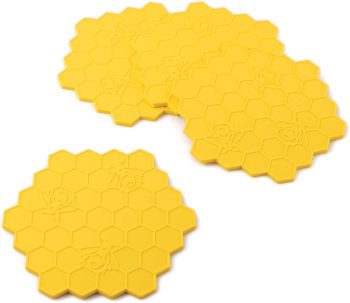 Beehive-Shaped Silicone Drink Coasters - Non-Slip, Anti-Stain, Heat-Resistant, Reusable Coasters for Drinks, Yellow, 3.75 x 4.25 Inches, Set of 4
