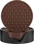 Brown Silicone Coasters 6 Packs with Holder, Heat Resistant & Waterproof Cup Mats, 4 Inches Non-Slip Decorative Coster Set for Home, Office, Kitchen, Coffee Bar Table