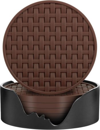 Brown Silicone Coasters 6 Packs with Holder, Heat Resistant & Waterproof Cup Mats, 4 Inches Non-Slip Decorative Coster Set for Home, Office, Kitchen, Coffee Bar Table