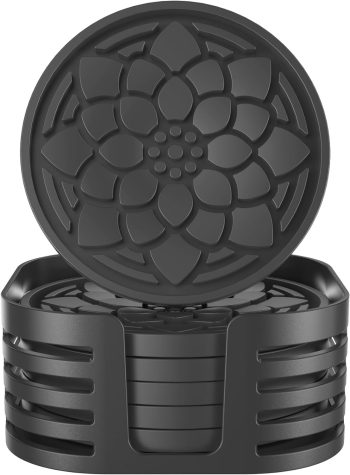 Silicone Coasters Set of 6 with Holder, Silicone Cup Holder Coasters, Hot or Cold, Coaster for Desk Home Decor Tabletop Protection Non-Slip and Non-Stick, Round Black