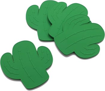 Cactus-Shaped Silicone Drink Coasters - Non-Slip, Anti-Stain, Heat-Resistant, Reusable Coasters for Drinks, Green, 4.13 x 4 Inches, Set of 4