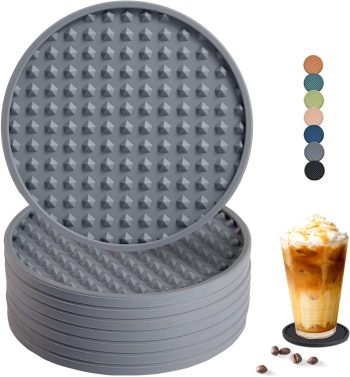 Silicone Coasters Set of 8 - Square, Grey, Heat Resistant, Non-Slip, Dishwasher Safe, Perfect for Any Table Type