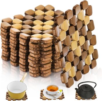 12 Pack Bamboo Trivet Mat for Hot Dishes, 6.3'' Heat Resistant Kitchen Hot Pads, Wooden Table Counter Protector Set, Bamboo Coasters for Teapot Hot Dishes Pans, Table Décor Kitchen Gifts Idea