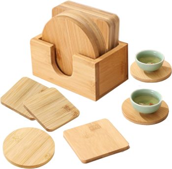 6Pcs Drink Coasters with Holder,Natural Bamboo Drink Cup Coasters Set for Tabletop Protection for Any Table Type, Suitable for Farmhouse, Office, Bar,Housewarming Gift(3 Round & 3 quadrate)