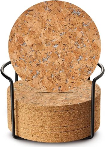 Drinks Coasters, Cork Coasters with Holder, Set of 8, 4 Inches Coasters for Drinks with Cork Bases, for Tabletop Protection, Home Decor, Ideal Housewarming Gifts