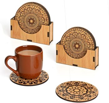 Wooden Coasters for Drinks,  Mandala Coasters Set of 12 with Holder, 3.5 inches Eco-Friendly Absorbent Coaster for Coffee Table, Farmhouse, Office, Bar, Drinking Glasses, Tabletop Protection