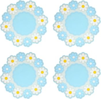 Coasters for Drinks, Cute Coaster for Coffee Table Set of 4 Non-Slip PVC Silicone Coasters for Tabletop Protection, Daisy Flower Pattern Heat Insulation Placemat (4 Blue)