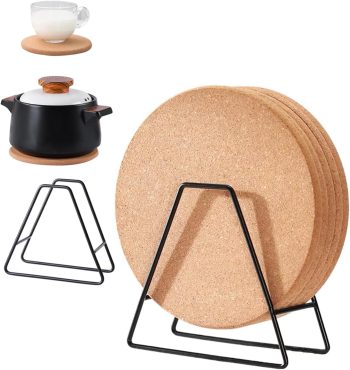 Cork Trivet, 5 Pack 7.5inches Round Coasters with Holders, Extra Thick Cork Trivets Reusable for Hot Pot and Hot Dishes