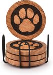Coasters Set of 4 Wooden Paw Coaster with Iron Holder Stand for Table Protection, Home Decor, Housewarming Gift (4" x 4" x 0.5")