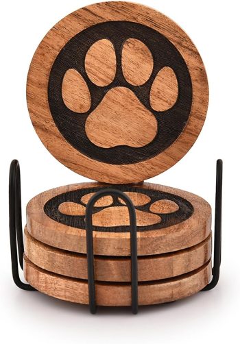 Coasters Set of 4 Wooden Paw Coaster with Iron Holder Stand for Table Protection, Home Decor, Housewarming Gift (4" x 4" x 0.5")