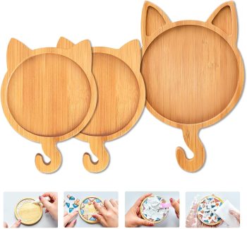 Mosaic Bamboo Coasters, DIY Base Trays, Blank Coaster for DIY Crafts (1 Large + 2 Small, Cat-Shaped)