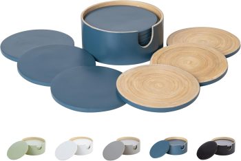 Spun Bamboo Coasters for Drinks - Coaster Set with Bamboo Wood Coasters and Coaster Holder. Modern Coasters for Coffee Table (Blue)