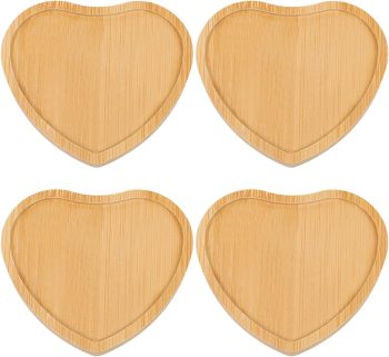Wood Coasters Set of 4 - Handcrafted Drink Coaster Thick Heat-Resistant for Office, Bar, Farmhouse - Natural Bamboo Drink Unique Cup Coasters for Table Protection (Heart-Shaped)