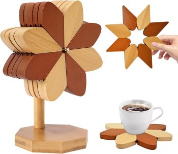 Wooden trivets for hot Dishes, 5pcs Wood Trivet + 1 Stand Windmill Shaped, trivets for hot pots and Pans, Foldable Artisanal Wooden Coasters Set