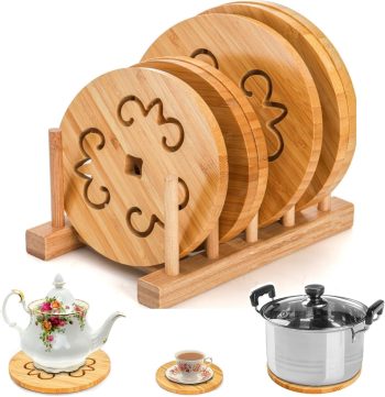 6 Pack Natural Bamboo Trivet Mat Set, Heat Resistant Pads with Dish Rack, Kitchen Wood Non-Slip Coaster, Durable Anti-Hot Trivet Stand Mat Set for Hot Dishes, Bowl, Teapot, Hot Pot Holders