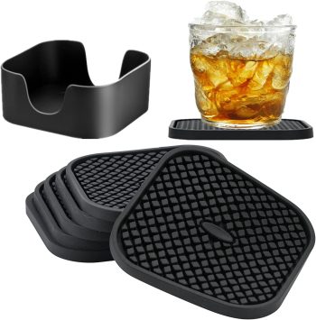Silicone Coasters Set of 6, Drink Coasters with Holder, Non-Slip Cup Mat, Deep Tray Absorbent Coaster, Heat Resistant Countertop Protection (Black-Square)