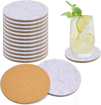 12 Pcs Felt and Cork Coaster for Drink Absorbent 4 Inches Cork Coasters with Felt Side Blank Tea or Coffee Coasters Gifts for Cold Drinks Wine Glass Cup Mug Bar Office (Gray,Round)