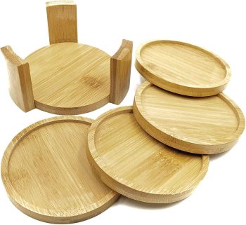 Coaster Set with Holder | Bamboo Wood | Includes 4 Round Coasters and one Holder | Use for Drinks, Beverages, Beer, Coffee! | Barware Kitchen | Housewarming (Bamboo, Brown, Wood)