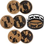 Set of Six Cat Cork Coasters with Decorative Cork Holder, Black