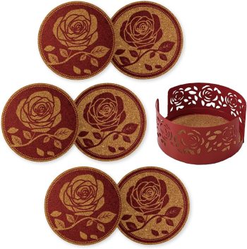 Set of Six Rose Decorative Coasters for Drinks & Mugs with Metal Holder, Red