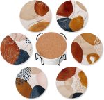 Drink Coasters for Drinks Set of 6,Orange and Gold Abstract Modern Art Absorbent Round Ceramic Stone Mat Coaster, with Cork Base and Metal Holder, Home Bar Decor House Warming Gift
