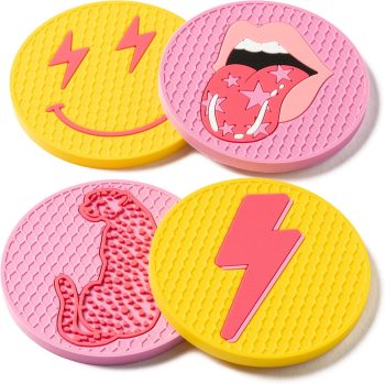 4Pcs Preppy Car Cup Coaster Smile Face Lightning Bolt Leopard Lip Silicone Drink Coasters Non-Slip Heat Resistant Mugs Mat Cup Holders Auto Accessories for Teen Girls Pink Yellow 2.8 in