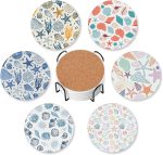 Summer Beach Set of 6 Coasters for Drinks Absorbing Round Ceramic Stone Coaster with Cork Base,Tabletop Protection Mat for Mugs and Cups,Office,Kitchen
