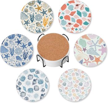 Summer Beach Set of 6 Coasters for Drinks Absorbing Round Ceramic Stone Coaster with Cork Base,Tabletop Protection Mat for Mugs and Cups,Office,Kitchen